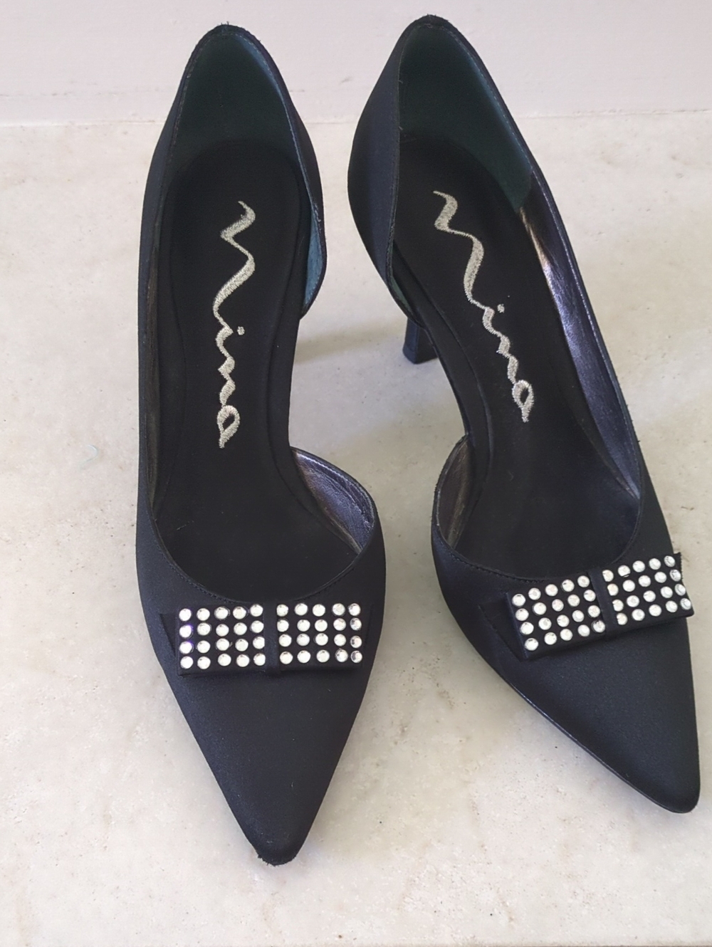 Nina Black Pointed Toe Pumps with Studded Bow